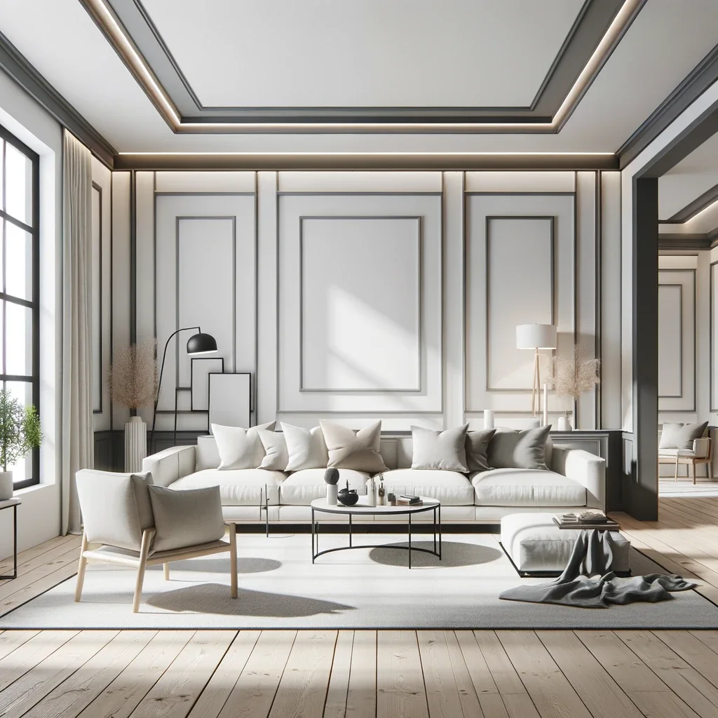 A space with white walls and ash-colored trim, offering a sleek and contemporary ambiance. The room is bright and spacious, with the ash-colored trim around the windows and doors providing a stylish contrast to the white walls. The decor includes modern furniture in neutral tones, such as a comfortable sofa, a coffee table, and a few chairs. The flooring is a light hardwood, which complements the overall color scheme of the room. To add a touch of elegance, there are a few decorative elements like a rug, a floor lamp, some artwork on the walls, and a couple of indoor plants, enhancing the space's clean and modern feel.