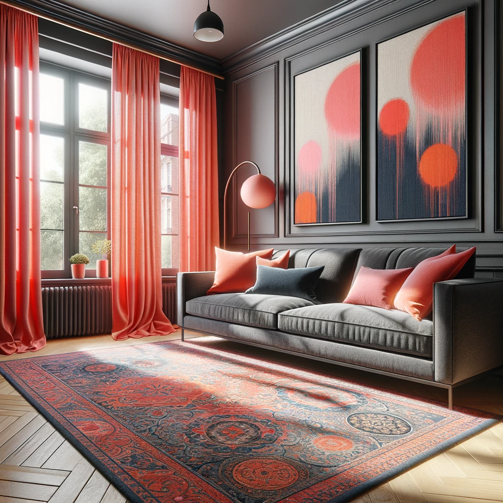 A stylish living room featuring a dark grey couch that provides a chic and contemporary look. The couch is accented by coral curtains on the windows, infusing the room with a vibrant and energetic feel. These curtains are bold and bright, adding a pop of color against the more subdued grey of the couch. A patterned area rug lies on the floor, its intricate design adding depth and texture to the room. The rug's colors complement both the couch and curtains, tying the room together. The space is filled with natural light, highlighting the unique blend of colors and patterns, and creating a lively, inviting atmosphere.