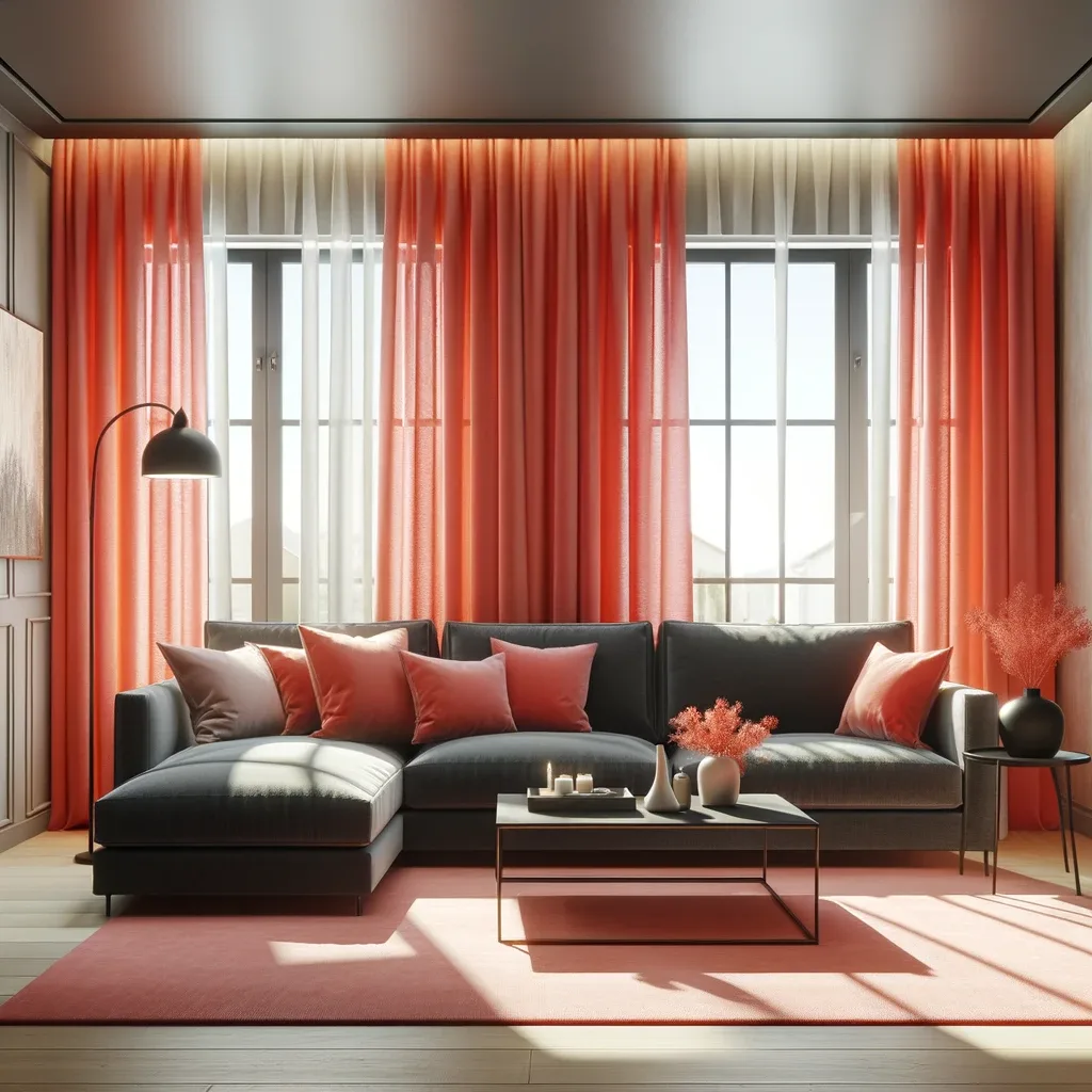 A vibrant living room highlighted by a dark grey couch, offering a modern and sophisticated contrast. The room is brightened with coral curtains on the windows, adding a lively and cheerful touch to the space. These curtains are light and airy, complementing the darker tones of the couch. The room is tastefully decorated with contemporary decor, including a sleek coffee table and stylish accent pieces that match the room's color scheme. The walls are a soft, neutral color, providing a perfect backdrop for the bold curtains and elegant couch. Natural light fills the room, enhancing the warm and inviting ambiance.