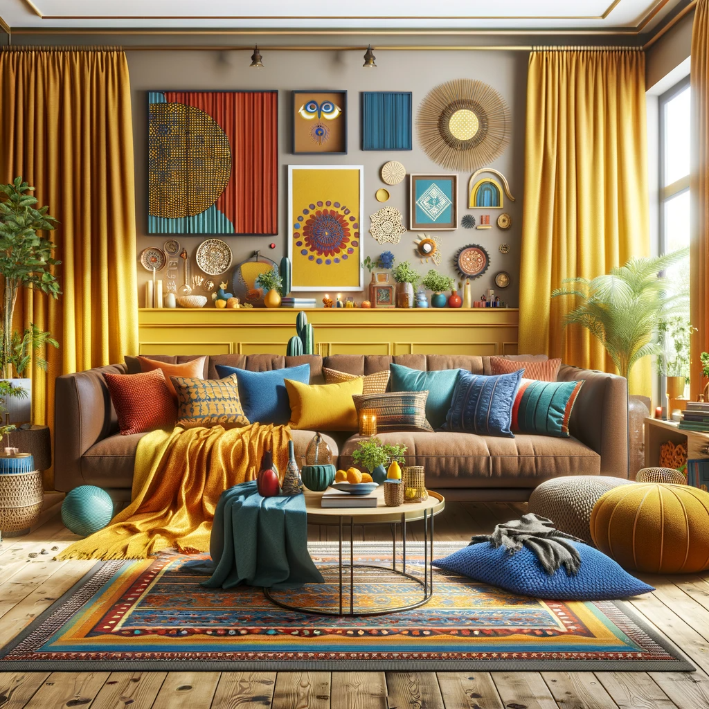 A vibrant living room with a brown couch, mustard curtains on the windows, and plenty of accent colors in accessories in blues and reds. The room should exude a lively and eclectic atmosphere, with the mustard curtains providing a bold backdrop. Accent pieces like cushions, throws, and decorative items in various shades of blue and red add pops of color and interest. The overall design should be a harmonious blend of warmth, color, and style, creating an inviting and dynamic space.