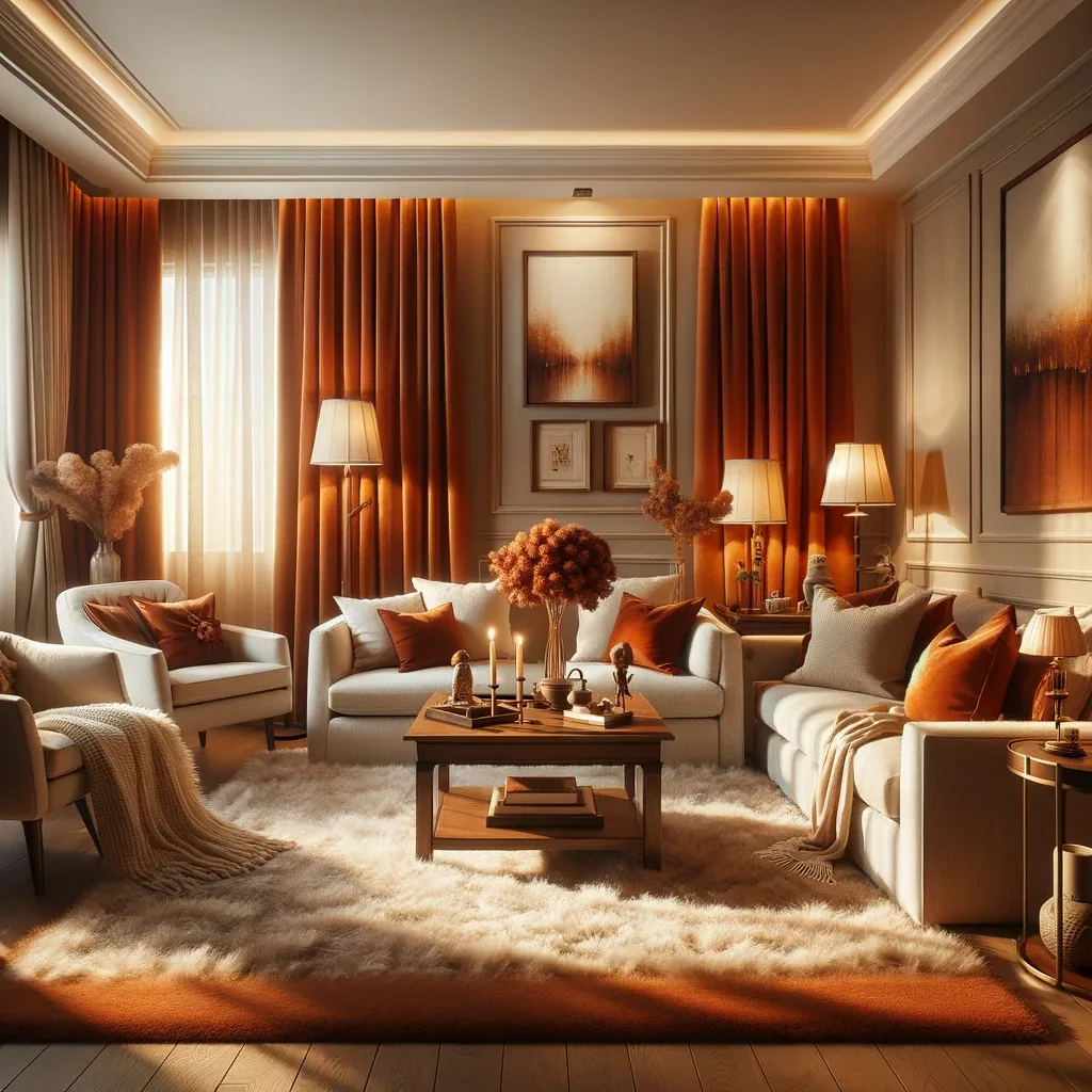 A warm and inviting living room with beige walls, burnt orange curtains, and cream furniture. The room features a plush cream sofa set, a wooden coffee table, and cozy armchairs. The burnt orange curtains add a rich, vibrant touch to the space, complementing the beige walls beautifully. Decorative elements include a shaggy cream rug, elegant table lamps, and wall art that enhances the room's cozy ambiance. The lighting is soft and warm, creating a welcoming and comfortable environment.