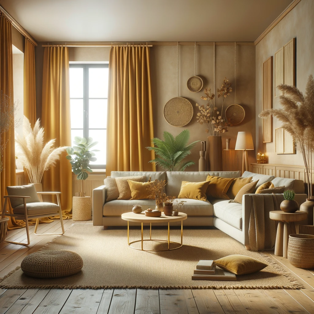A warm and inviting living room with beige walls, mustard curtains, and earthy accents. The room features a cozy sofa, a wooden coffee table, and a plush armchair. The mustard curtains add a vibrant yet warm tone to the room, beautifully complementing the beige walls. Earthy accents such as a woven rug, wooden decorative pieces, and potted indoor plants enhance the natural feel of the space. The lighting is soft, creating a relaxed and comfortable atmosphere, perfect for unwinding.