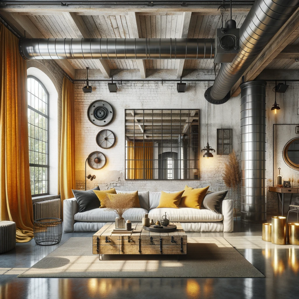 An industrial-style living room with white walls and mustard curtains. The room features exposed brick accents and high ceilings with exposed beams and ductwork. There's a large, comfortable sofa with a mix of throw pillows, and a reclaimed wood coffee table. The mustard curtains add a warm, vibrant touch to the industrial decor. Metal light fixtures and a large, metal-framed mirror enhance the industrial vibe. The flooring is polished concrete, and there's a large area rug under the coffee table. This living room combines the raw, edgy elements of industrial design with a splash of color from the mustard curtains.