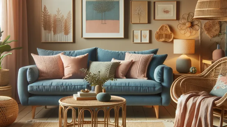 A warm and inviting living room with a blue couch as its main feature. The couch is adorned with dusty pink pillows, creating a charming and cozy atmosphere. The room includes rattan furniture such as a rattan coffee table and side chairs, adding a natural and earthy touch to the space. The living room is illuminated with soft, ambient light, enhancing the inviting feel. The walls are painted in a neutral color to complement the blue and dusty pink tones. Decorative elements like indoor plants, a rug, and wall art contribute to the room's welcoming and stylish ambiance.
