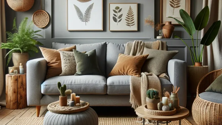 A cozy and elegantly styled living room, centered around a grey couch. The couch is adorned with tan pillows, offering a warm and natural touch to the space. Earthy accents are scattered throughout the room, including wooden side tables, green plants, and a jute rug, contributing to a grounded and soothing atmosphere. The decor is a blend of modern and rustic elements, creating a welcoming and comfortable environment. The color palette of grey, tan, and earthy tones harmonizes perfectly, enhancing the room's chic and inviting feel.