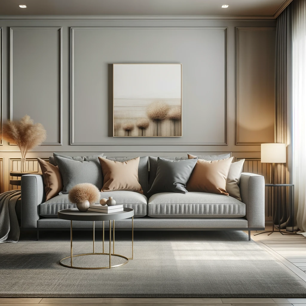 A contemporary living room design featuring a grey couch as the central furniture piece. The couch is complemented with tan pillows, adding a subtle and elegant touch to the space. The overall decor is a mix of modern and minimalist styles, focusing on clean lines and a neutral color palette. The combination of grey and tan provides a chic and sophisticated look, while the room is illuminated with soft, ambient lighting, creating a cozy and inviting atmosphere.