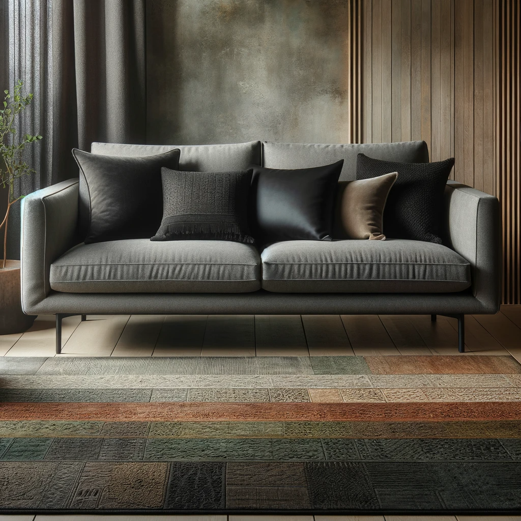 A stylish living room setting showcasing a grey couch as the main piece of furniture. The couch is elegantly accented with black pillows, offering a sleek and modern contrast. Beneath the couch, there is an area rug in earthy tones, featuring shades of brown, green, and terracotta, which adds warmth and texture to the space. The overall decor balances contemporary style with natural elements, creating a harmonious and inviting atmosphere.