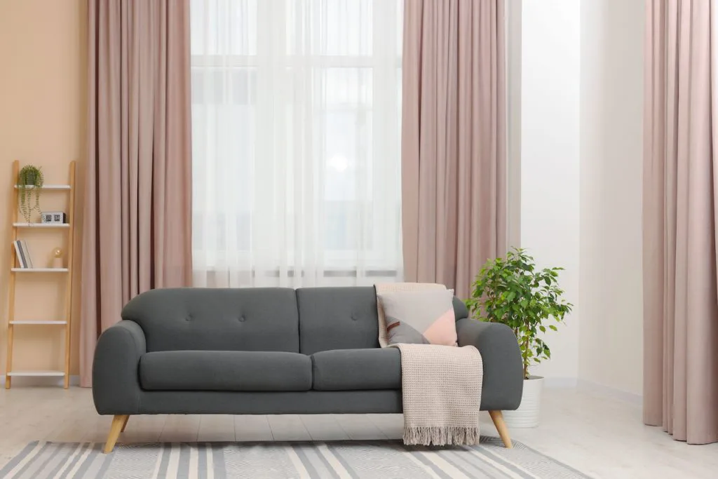 soft pink curtains for grey couch