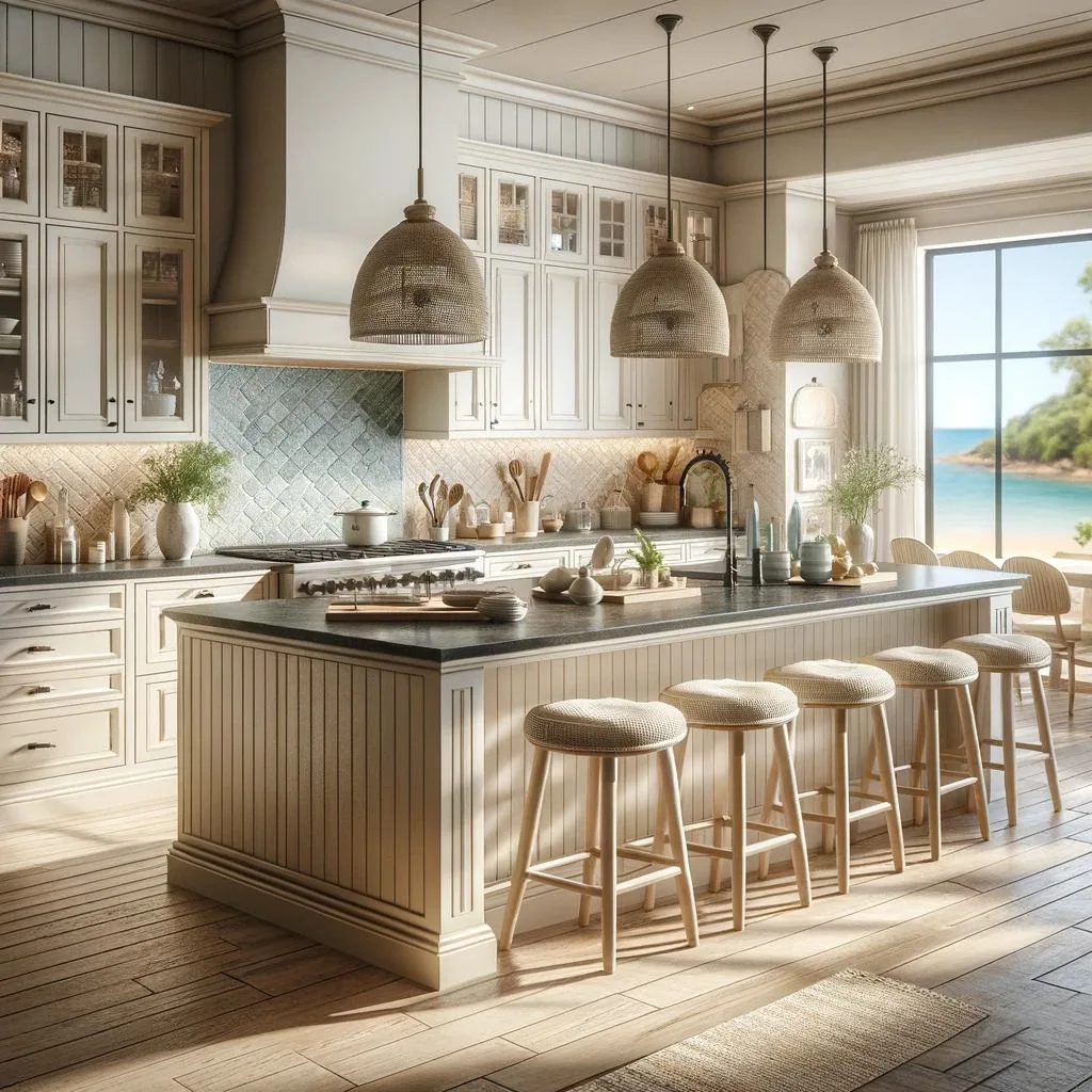 A beach-themed kitchen that exudes a sense of calm and serenity, with cabinets in a soft cream color that captures the essence of sandy shores. These cabinets are perfectly paired with the elegance of black granite worktops, reminiscent of smooth pebbles found along the coastline. The kitchen includes a central island with a breakfast bar, where stools with cream and light blue tones invite relaxation, reflecting the colors of the beach.