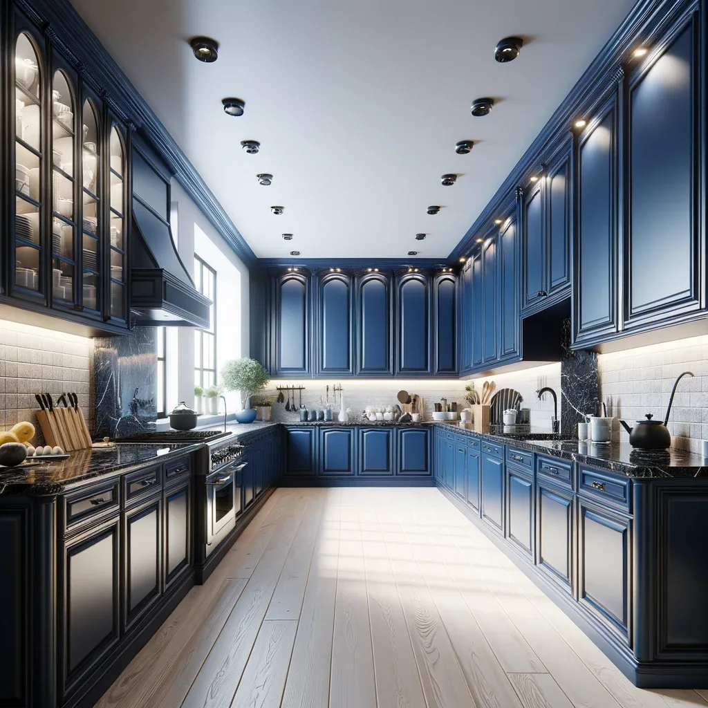 The kitchen features navy blue cupboards with a high-gloss finish that reflects the light, enhancing the brightness of the room. The cupboards are topped with polished black granite countertops that provide a striking contrast to the blue. The kitchen is well-lit with numerous recessed ceiling lights and additional under-cabinet lighting that makes the space feel inviting and vibrant. 