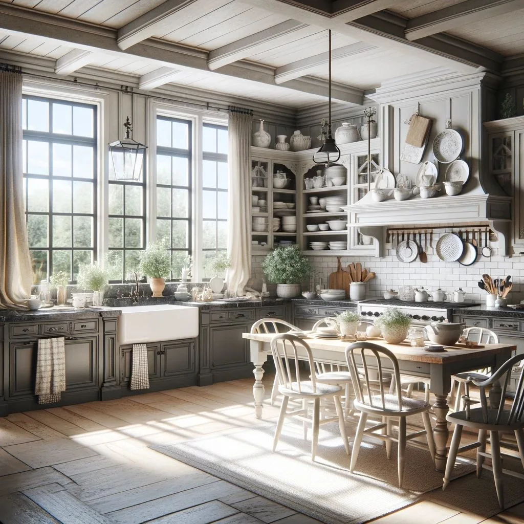 A charming farmhouse kitchen where the abundance of natural light from large windows enhances the room's welcoming feel. The kitchen features dark grey cabinets and black granite countertops, creating a sophisticated base palette. Lighter accents are introduced through cream-colored textiles, light grey painted chairs, and white decorative elements, which brighten the space and add a layer of warmth.