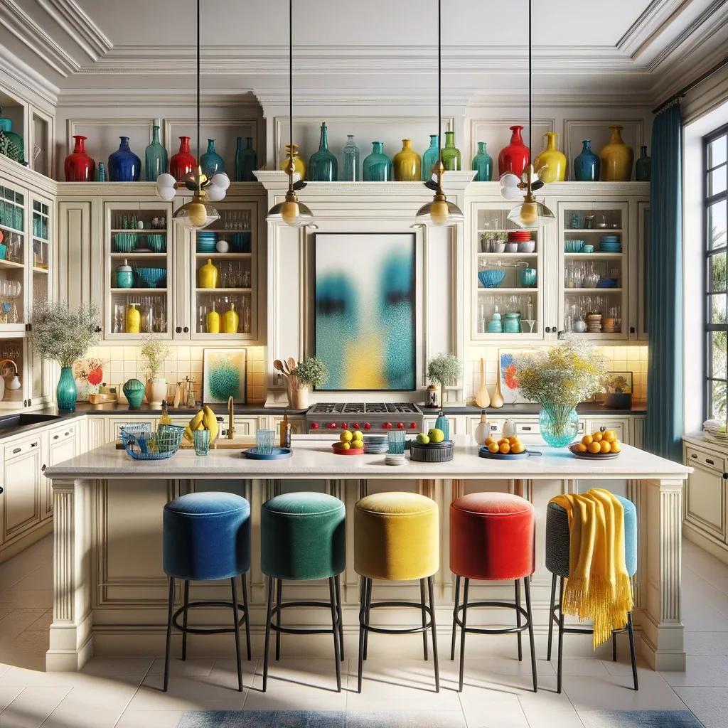 A chic and stylish kitchen that combines timeless elegance with a dash of playfulness. The space is dominated by cream cupboards, which exude a warm and inviting ambiance, and black granite countertops that add a touch of sophistication. To infuse the space with personality, colorful accents are strategically placed throughout the kitchen.
