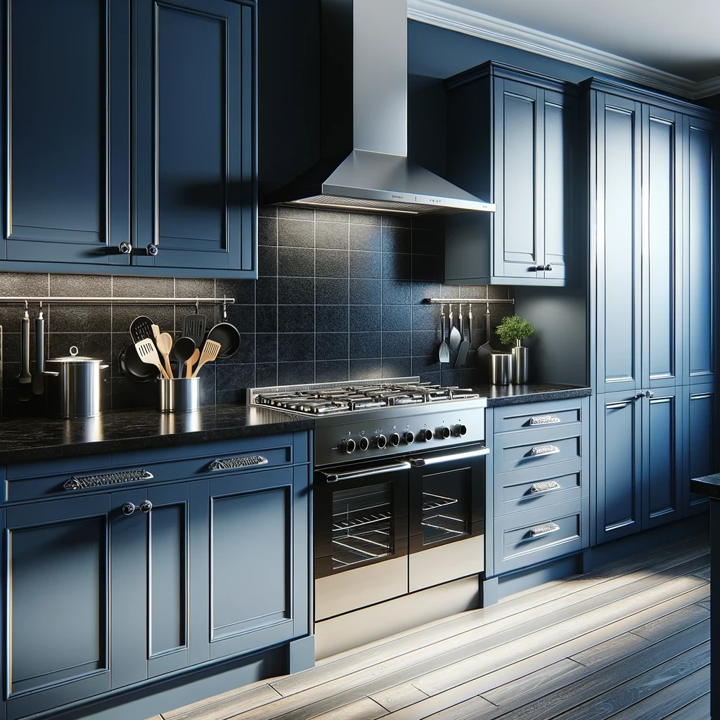 A chic kitchen design with navy blue cupboards that have a smooth matte finish, paired with pristine black granite countertops. A backsplash of simple white tiles creates a crisp contrast against the dark countertops and blue cabinetry. The overall look of the kitchen is sleek and sophisticated.