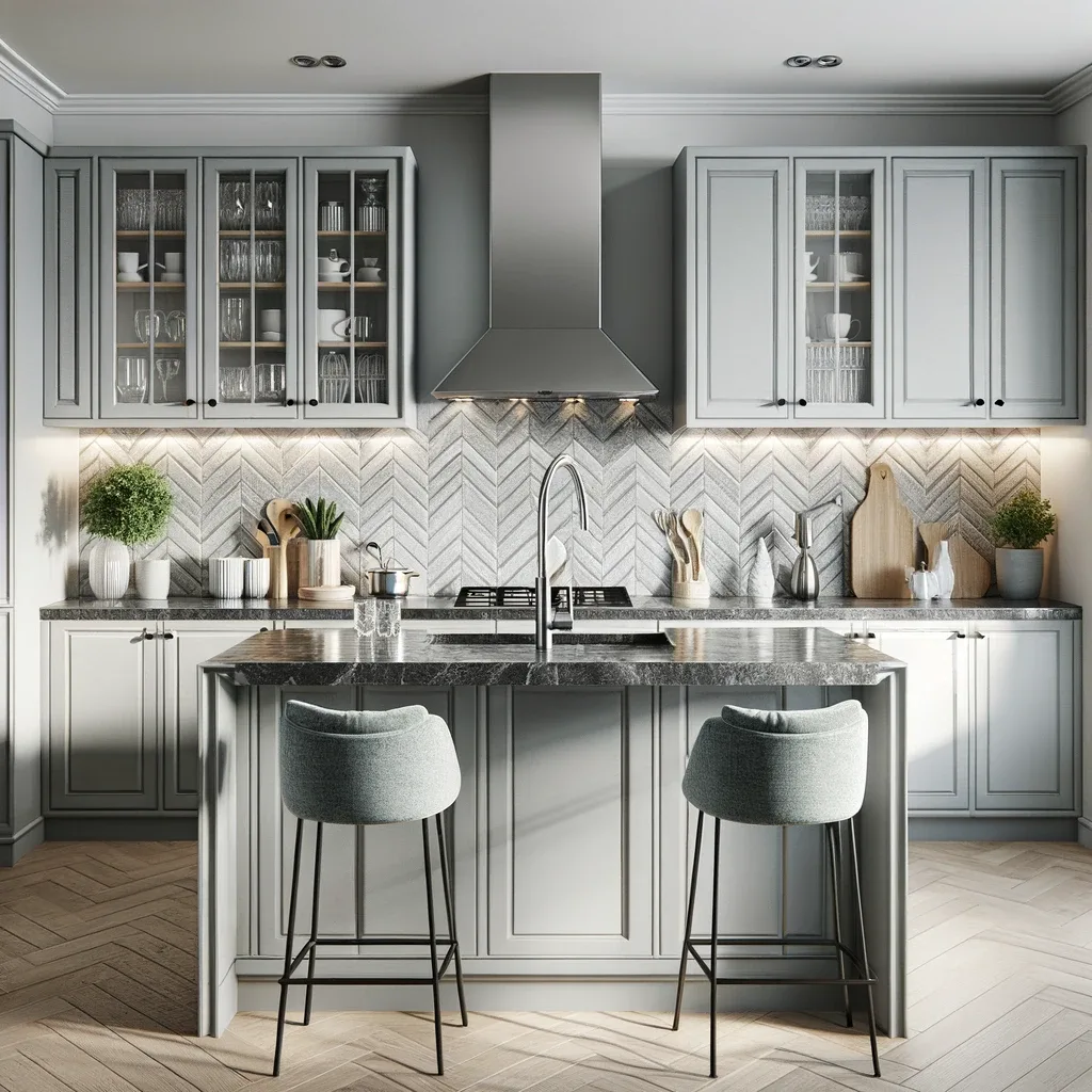 A chic, modern kitchen that marries functionality with style, showcasing light grey cabinets and black granite countertops. Light grey accents are further highlighted through a chevron-patterned backsplash.