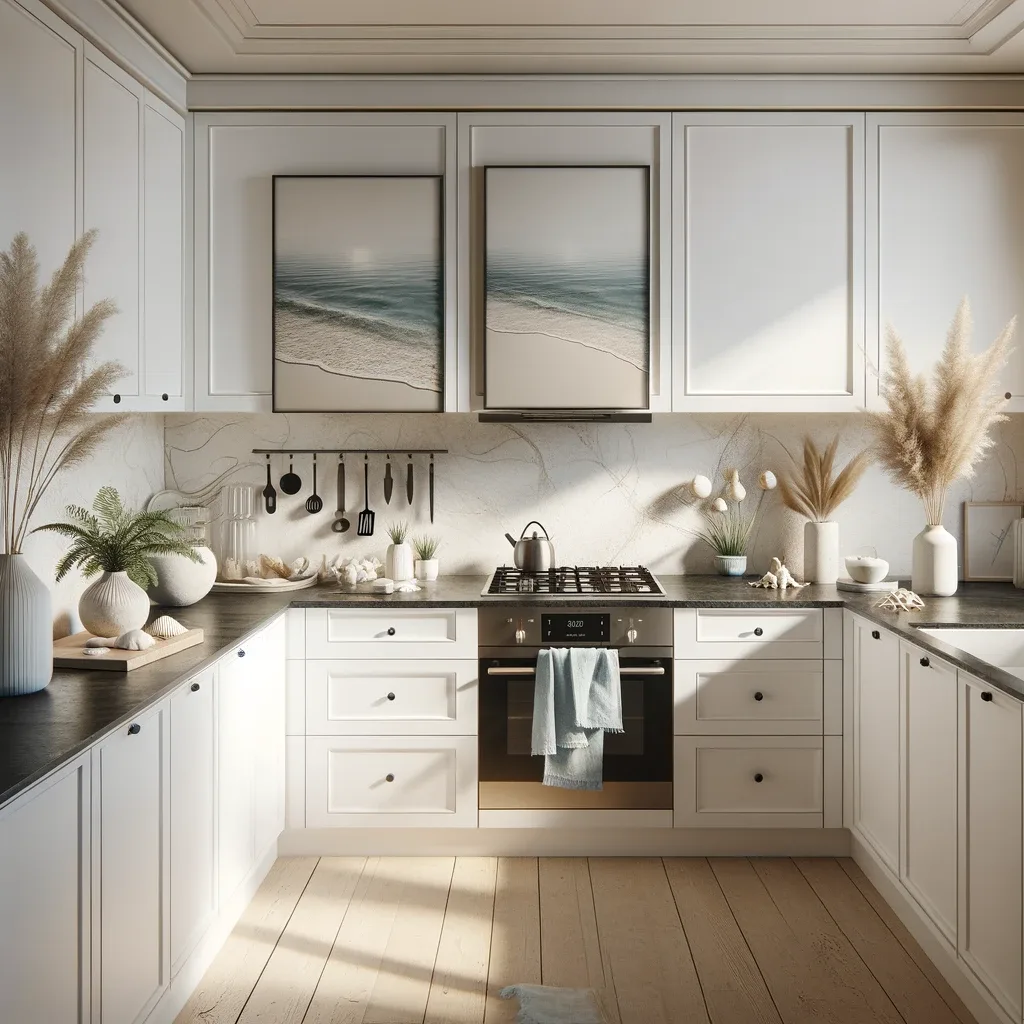 A clean and modern beach-themed kitchen, where the white cabinetry is perfectly complemented by the sophisticated black granite countertops. The design is minimalistic to maintain a sleek look. Subtle beach accents adorn the space. The natural light streaming in from a window casts a soft glow, enhancing the tranquil coastal vibe.