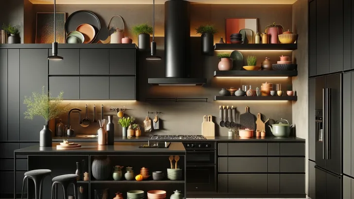 A contemporary kitchen design featuring sleek black cabinets and a central island. The kitchen is equipped with modern black appliances, such as a refrigerator, stove, and dishwasher. The walls are painted in a sophisticated taupe color, providing a warm and neutral backdrop to the black cabinetry. Colorful dishes and kitchen accessories are displayed on open shelving and the island, adding vibrant pops of color to the space. The countertops are made of polished black stone, complementing the cabinetry. Natural light from large windows illuminates the taupe walls and colorful dishes, creating a stylish and inviting kitchen atmosphere.