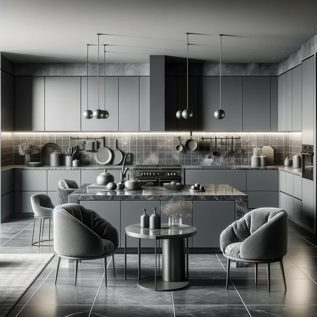 A contemporary kitchen design featuring sleek grey cabinets with a soft matte finish, perfectly complemented by lustrous black granite countertops. The space is unified with various grey accents such as a grey tiled backsplash, grey decorative items, and grey upholstered seating.