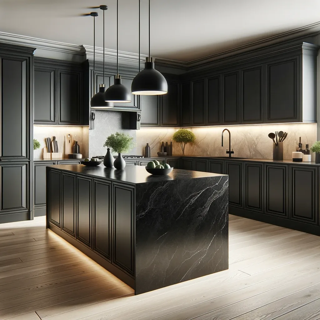 A contemporary kitchen design highlighting black cupboards paired with black granite worktops, accented with light pastel colors. An elegant island stands in the center, featuring the same black granite top and providing a focal point. The flooring is a light, polished wood, contrasting with the black and adding warmth to the space. Overhead, chic pendant lights cast a soft glow, accentuating the light color accents and the sleek design of the kitchen.