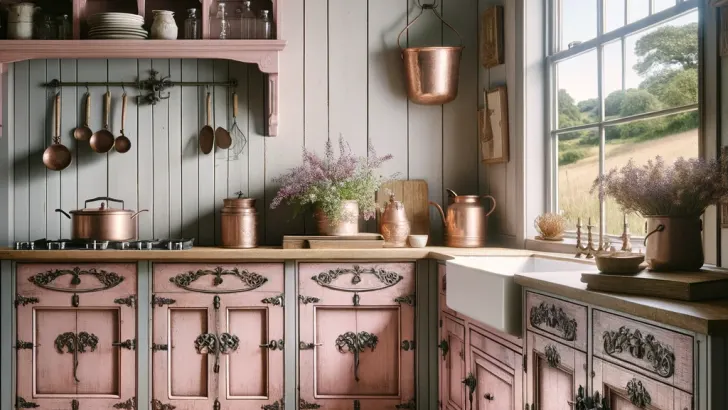 A cozy farmhouse kitchen featuring rustic pink cabinets with vintage-style iron hardware, set against soothing gray shiplap walls. The natural wood flooring adds to the country charm, and a classic farmhouse sink is nestled beneath a window with a view of the countryside. Hanging copper pots and a bouquet of fresh wildflowers on the countertop complete the homely and inviting aesthetic.