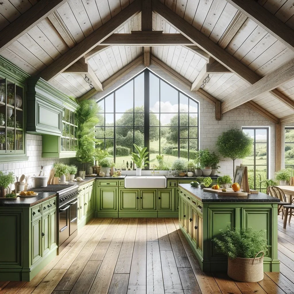 A farmhouse kitchen that masterfully blends modern design with country comfort, showcasing striking lime green cupboards against the classic elegance of black granite worktops. The room is filled with an abundance of natural light, which floods in through large, open windows. This kitchen harmoniously integrates modern appliances and farmhouse aesthetics.