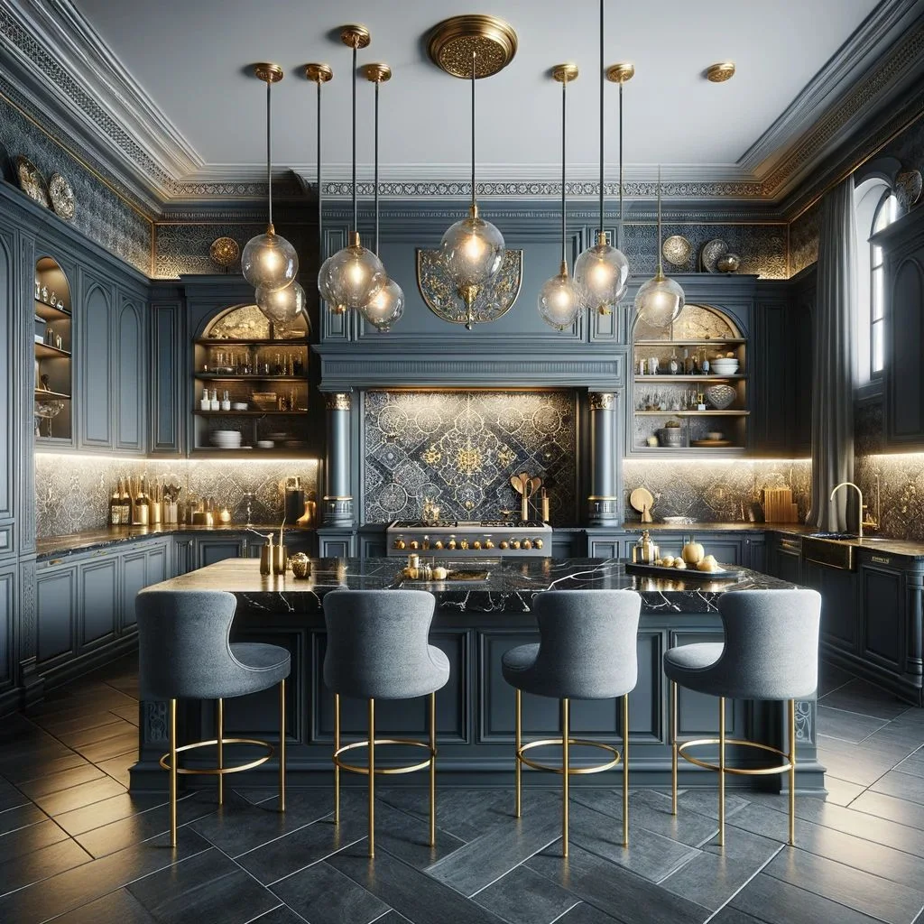 A grand and luxurious kitchen that combines classic elegance and modern design. The kitchen boasts navy blue cupboards with a matte finish, complemented by polished black granite countertops. Gray and gold accents are tastefully integrated throughout the space.