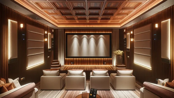 A home cinema room designed with a luxurious and cozy feel, featuring a wooden ceiling that adds warmth and elegance. The room is equipped with a large screen, comfortable seating like plush armchairs or sofas, and soft ambient lighting to enhance the movie-watching experience. The walls are adorned with sound-absorbing panels for optimal acoustics. The wooden ceiling has a rich, natural grain, creating a contrast with the modern technology and furnishings in the room. This cinema room combines the charm of classic design with the comforts of contemporary living.