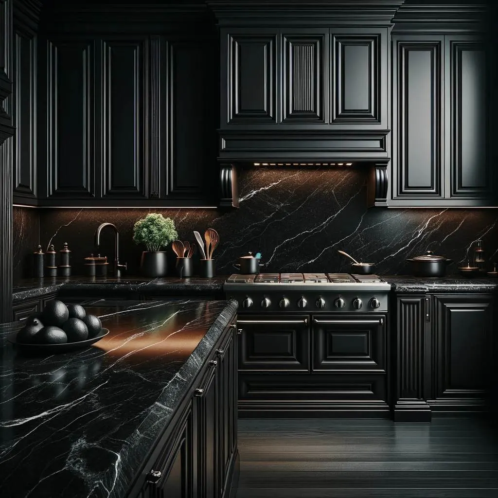 Black kitchen granite countertops with black cupboards