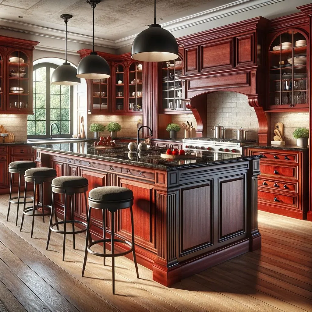 A kitchen that blends traditional charm with modern functionality, centered around an island with red cherry wood base cabinets and a black granite countertop. This setup creates a harmonious balance between the rich, warm tones of the cherry wood and the sleek, sophisticated surface of the granite, making the kitchen both welcoming and elegantly appointed.