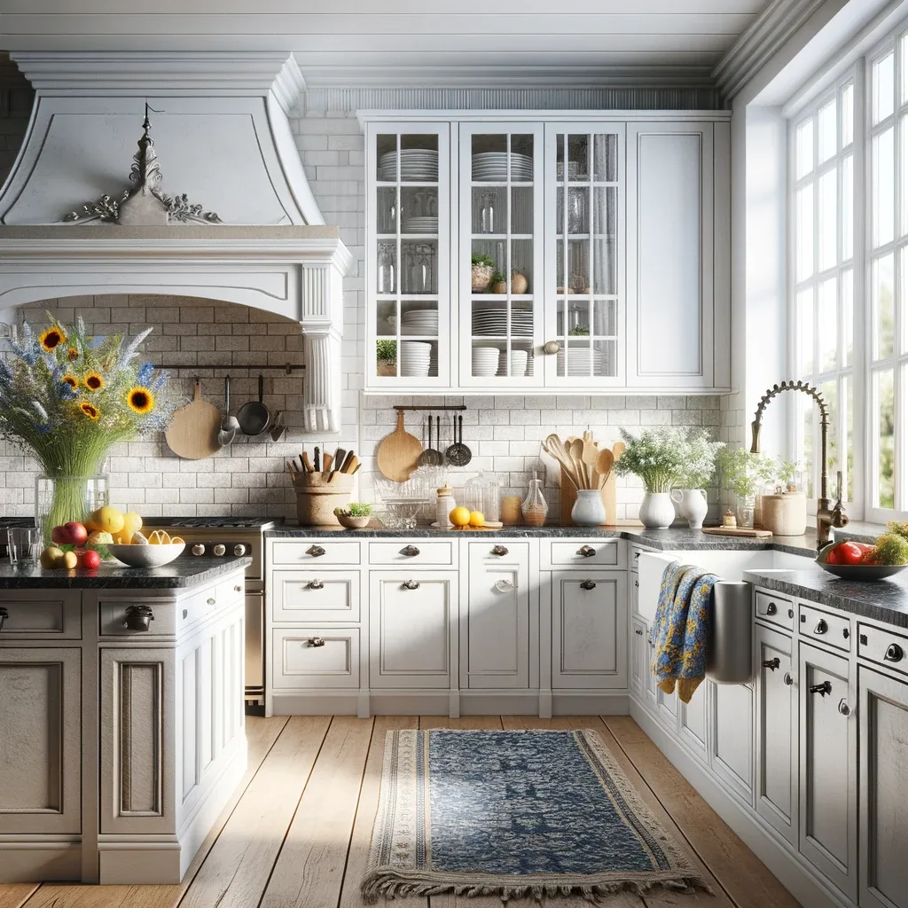 A modern and elegant farmhouse kitchen that marries classic charm with contemporary flair. The design features crisp white cupboards and luxurious black granite countertops, providing a timeless base for the space. Soft, natural light fills the kitchen, highlighting the clean lines and subtle textures, making it a warm and welcoming heart of the home.