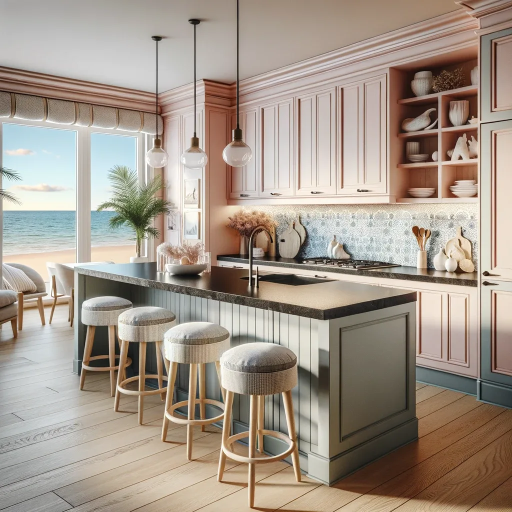 A modern beach-themed kitchen, where the cabinetry is adorned in a fresh shade of pink, reminiscent of a seaside sunset. The black granite worktops lend an air of sophistication, contrasting with the light and airy feel of the beach aesthetic. This kitchen includes a breakfast bar lined with stools that have a nautical design, featuring soft white and sand-colored cushions that complement the beach vibe. 
