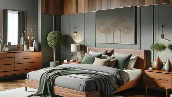 A modern bedroom featuring cherry wood furniture, including a stylish bed, a contemporary dresser, and a sleek nightstand. The walls are painted in a sophisticated grey, providing a neutral yet elegant backdrop. The room is accented with sage green elements, such as cushions, a throw blanket, and decorative items, adding a touch of nature-inspired tranquility. The combination of the warm cherry wood, the cool grey walls, and the sage green accents creates a balanced and inviting atmosphere. The room is illuminated with soft lighting, enhancing the cozy and harmonious environment.