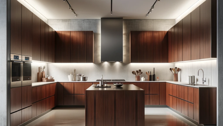A modern kitchen design featuring sleek cherry wood cabinets that have a lustrous finish reflecting the contemporary style. The walls are a stark white, complementing the dark cherry tones with a bright and clean backdrop. The countertops are made of polished concrete, providing a modern twist and a smooth, matte surface that contrasts with the glossy cabinets. High-end stainless steel appliances are integrated seamlessly into the cabinets, and the center of the space is dominated by a minimalist cherry wood island without seating, emphasizing the kitchen's modern aesthetic. Recessed lighting offers a soft glow, highlighting the kitchen's clean lines and uncluttered look.