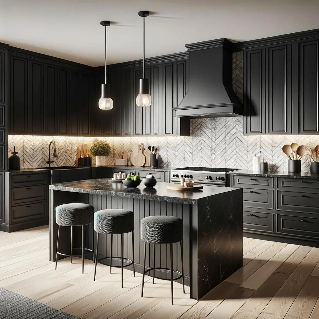 A modern kitchen layout with black cabinetry and black granite countertops is complemented by a light-colored backsplash in a subtle herringbone pattern. The central island matches with a black granite surface and offers a casual seating area with stylish stools. Light hardwood floors add a natural element, balancing the dark tones of the cabinetry. Above the island, pendant lights with a minimalist design provide task lighting, enhancing the kitchen's elegant and contemporary feel.