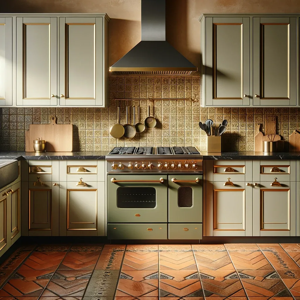 A modern kitchen scene with light olive green cupboard doors and black granite countertops. The backsplash complements the terracotta-tiled floor, creating a cohesive look.