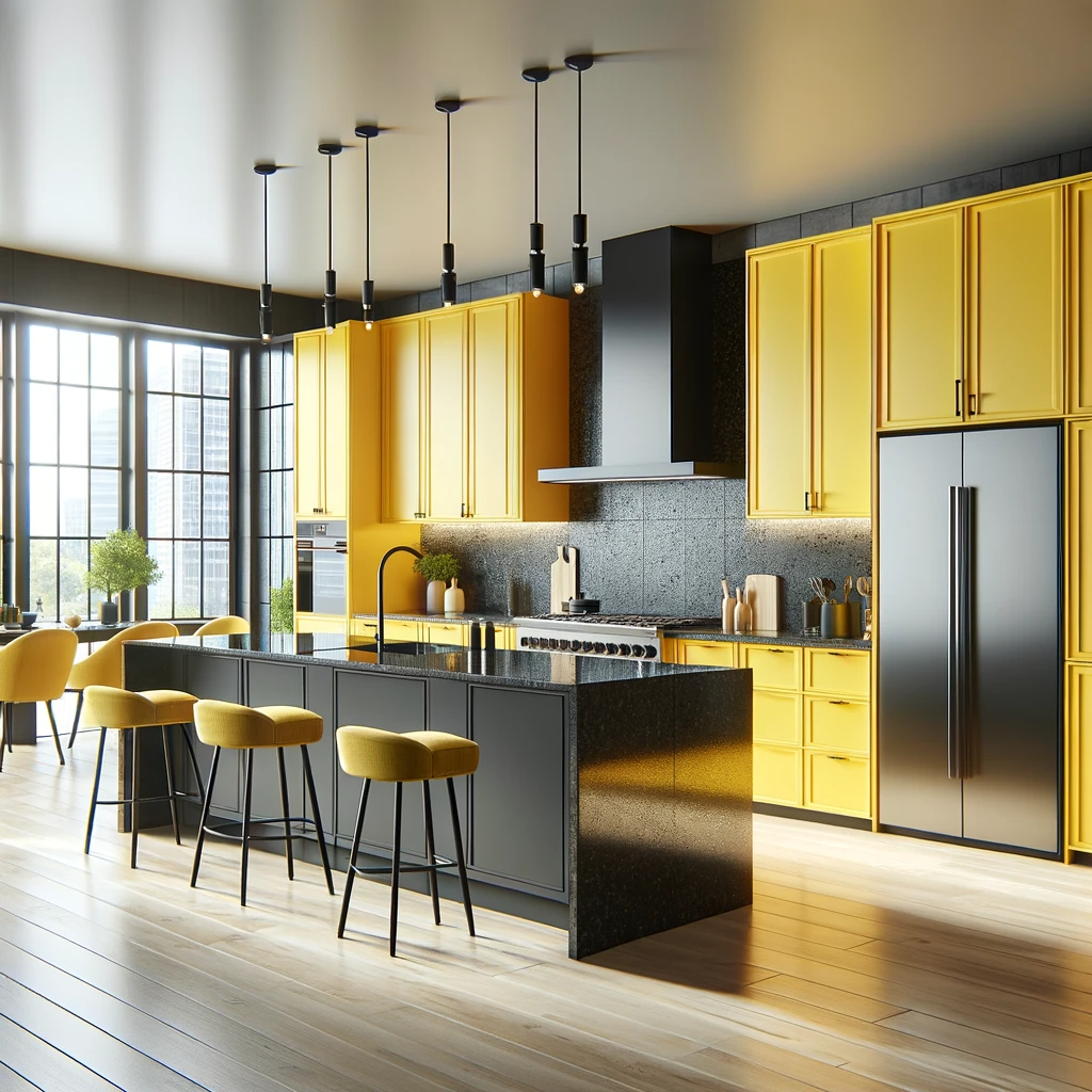 A modern kitchen space featuring cabinets with a brighter shade of yellow that strikes a balance between subtlety and vibrancy, paired with elegant black granite countertops. The kitchen is designed with high-end stainless steel appliances and a multi-functional central island with seating options. Ample lighting highlights the fresh, lively color of the cabinets while maintaining a sleek, contemporary feel throughout the space.