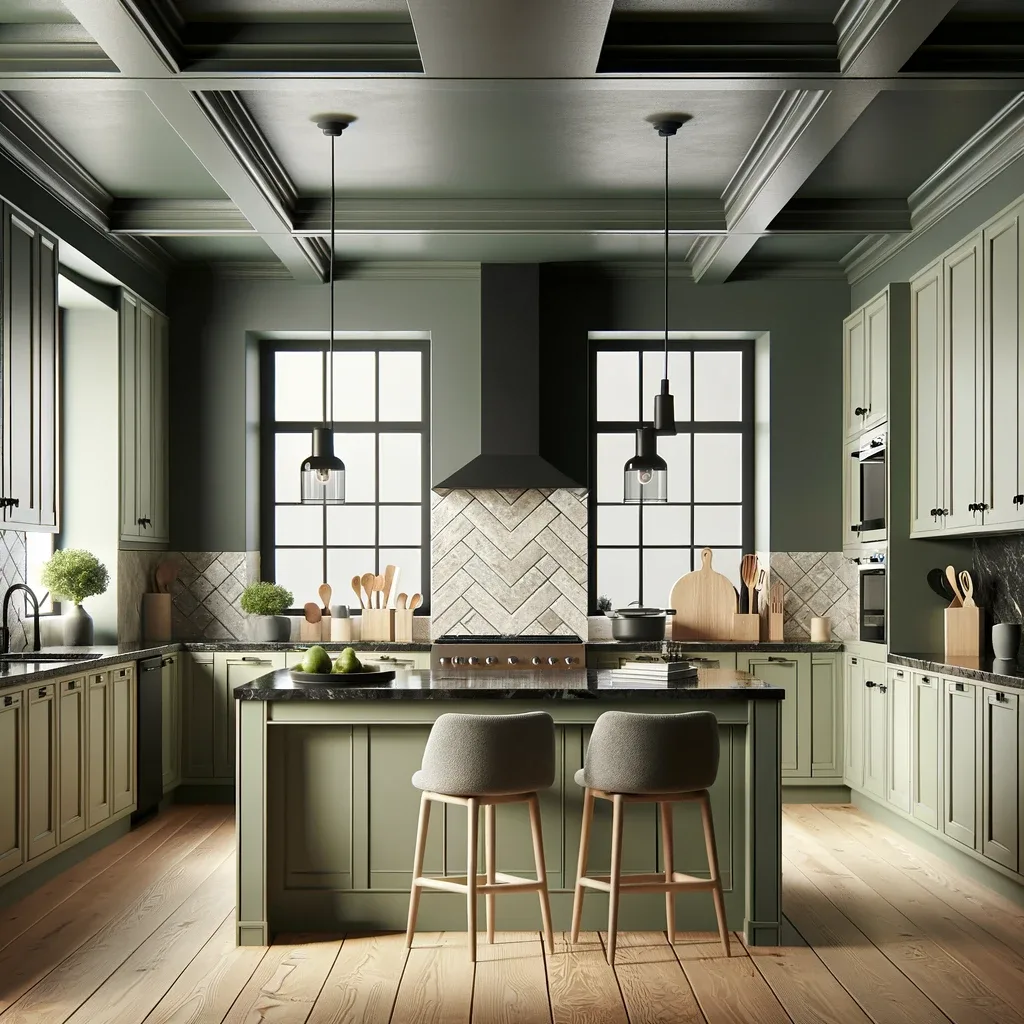 A modern kitchen that strikes a balance between sophistication and warmth, with light olive green cabinets that bring a serene, natural feel to the space. The black granite countertops add a luxurious and durable touch, perfect for a culinary environment.