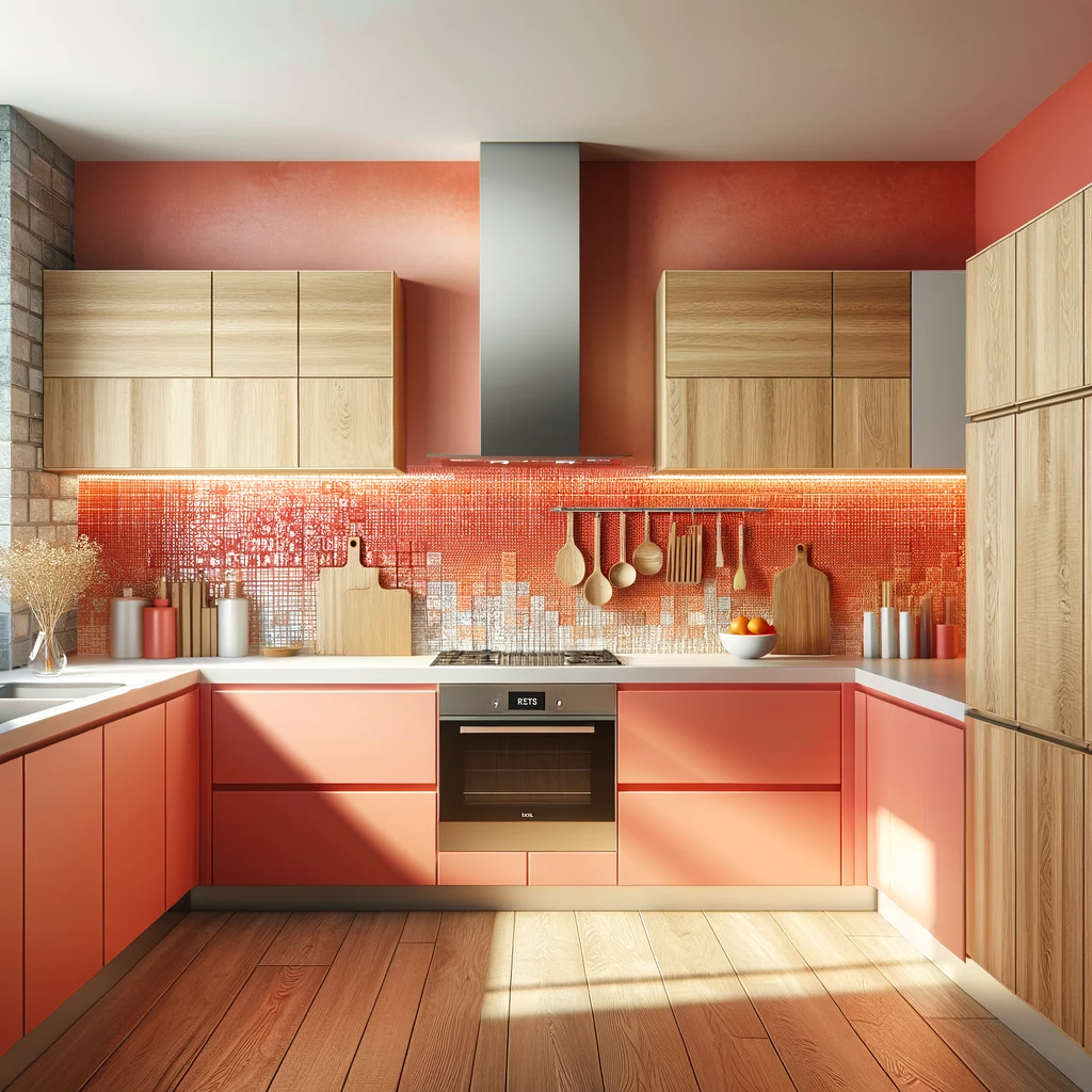 A modern kitchen where contemporary design meets a pop of color. The cabinetry is crafted from oak in a sleek, handleless style, showcasing the wood's natural elegance. The walls are a vibrant coral, providing a cheerful and inviting atmosphere. Adding to the uniqueness of the design, the backsplash is adorned with small, rectangular tiles in a matching coral shade, creating a cohesive and striking visual effect. The countertops are pure white quartz, which beautifully contrasts with the warm coral tones and complements the oak's natural color. Stainless steel appliances and fixtures give the kitchen a modern edge, while under-cabinet lighting illuminates the backsplash, enhancing the tiles' color and texture. This kitchen is a blend of modern functionality and bold, stylish accents.