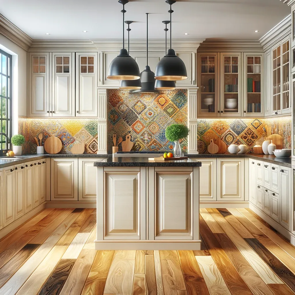 A modern kitchen with an inviting atmosphere, featuring cream cupboards with a classic design and black granite countertops for a sleek look. The kitchen includes a striking mosaic backsplash with a vibrant mix of colors that bring a lively accent to the space. Complementing this are high-quality wooden floors in a warm, honey oak tone that add natural beauty and a sense of warmth to the room. 
