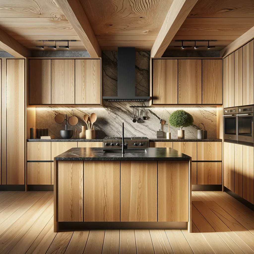 A sleek kitchen that combines natural elements with modern design. The space features light oak cupboards that provide a warm, organic touch, set against the rich contrast of black granite countertops. The design is streamlined and contemporary, with stainless steel appliances, recessed lighting, and minimal hardware to accentuate the clean lines.