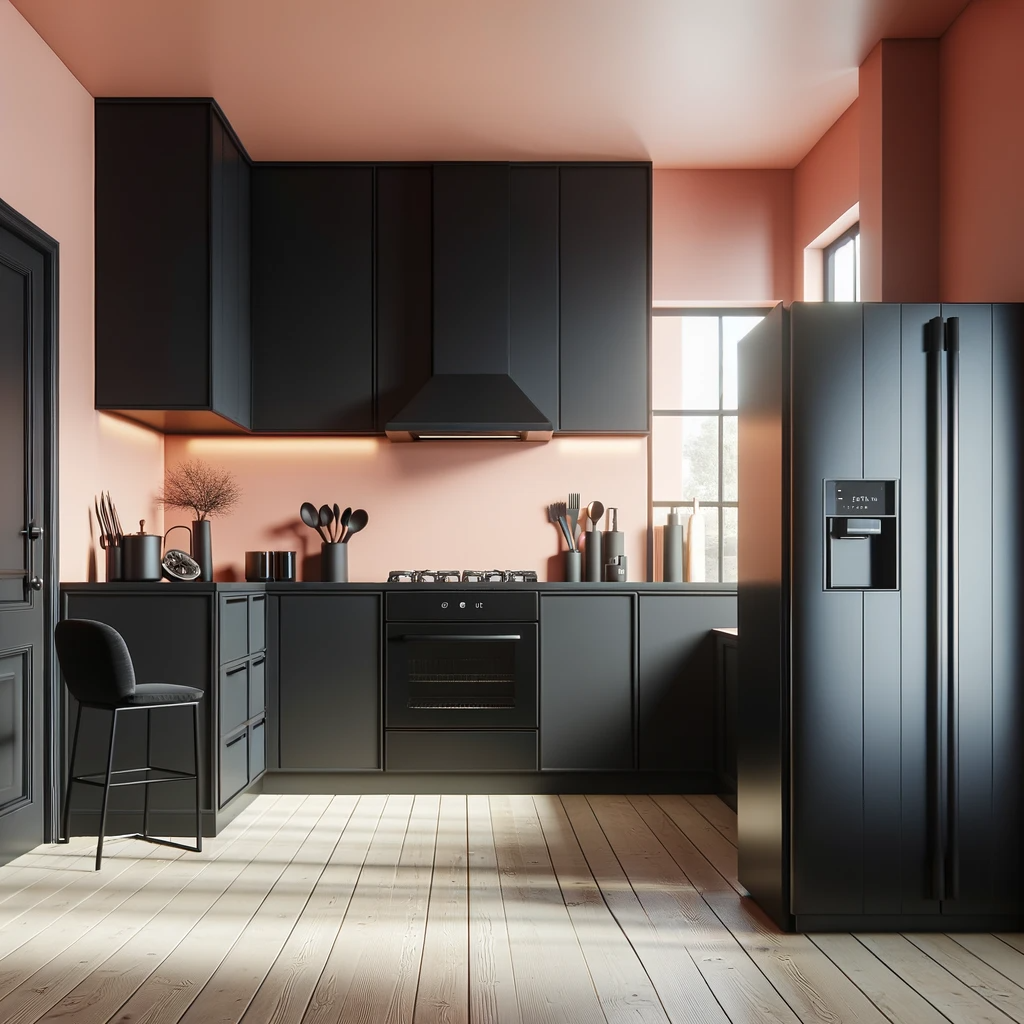 A sleek modern kitchen design featuring black cabinets and black appliances, including a refrigerator, stove, and dishwasher. The walls are painted in a soft coral color, providing a warm and inviting contrast to the black kitchen elements. The countertops are also black, creating a cohesive and elegant look. Ample natural light from large windows enhances the soft coral walls, making the space feel cozy yet modern. The overall atmosphere is sophisticated and contemporary, with a unique blend of bold and gentle color tones.