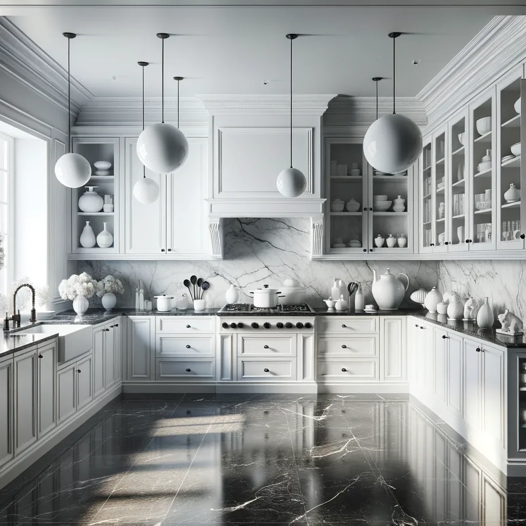 A sophisticated kitchen space that combines classic style with modern minimalism. The kitchen features pure white cupboards with a semi-gloss finish that reflects light, enhancing the space's luminosity. These are contrasted by the deep black of the polished granite countertops, which add a luxurious touch. 