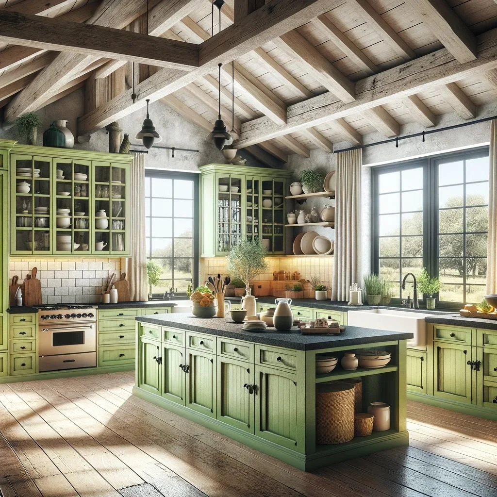 A spacious farmhouse kitchen that combines rustic charm with modern aesthetics, featuring cupboards in a bright lime green that adds a cheerful pop of color. The countertops are a deep black granite, providing a sophisticated contrast to the lively cupboard color. This kitchen is bathed in abundant natural light, streaming through large windows, which highlights the smooth granite surface and the vibrant cupboards. 