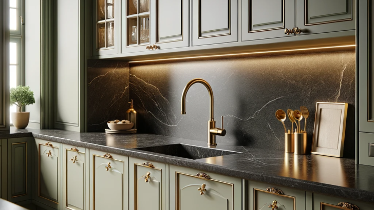 A stylish kitchen showcasing light olive green cupboards paired with black granite countertops. The kitchen has a cohesive look with these intentional placements of gold accents, enhancing the elegance of the space.