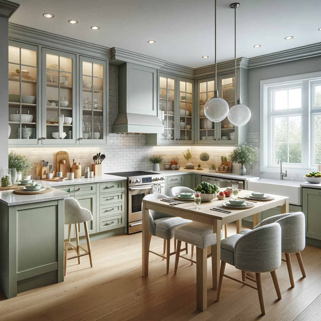 A welcoming, typical modern kitchen design featuring sage green cabinets with a silky matte finish and light gray walls. The kitchen is fully furnished with a cozy dining nook that includes a wooden table and chairs with soft cushions for comfort. Stainless steel appliances and white quartz countertops provide a sleek look, while a gray tile backsplash adds texture. The space is completed with a central island that serves as a preparation area and breakfast bar, adorned with modern stools. Natural light streams in from a window over the sink, and pendant lighting over the island offers a warm glow, creating a complete and inviting kitchen scene.