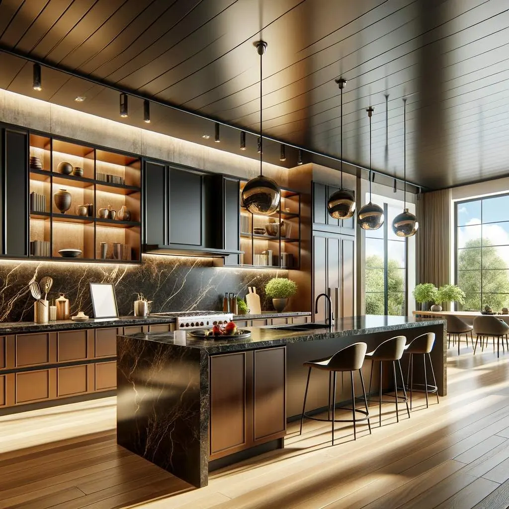 A well-lit, spacious modern kitchen with high ceilings, featuring espresso cupboards that exude elegance and black granite countertops that add a touch of luxury. Large windows offer a view to the outdoors, allowing natural light to enhance the rich tones of the cupboards and the polished sheen of the countertops.