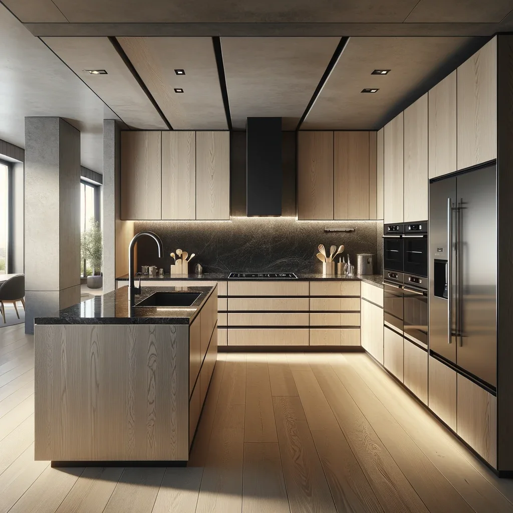 An airy and sophisticated modern kitchen interior featuring light oak wood cabinets. The countertops are spacious and uncluttered. The backsplash is made of reflective black tiles, which complement the countertops and add depth to the space. Recessed lighting in the ceiling provides a warm, even glow.