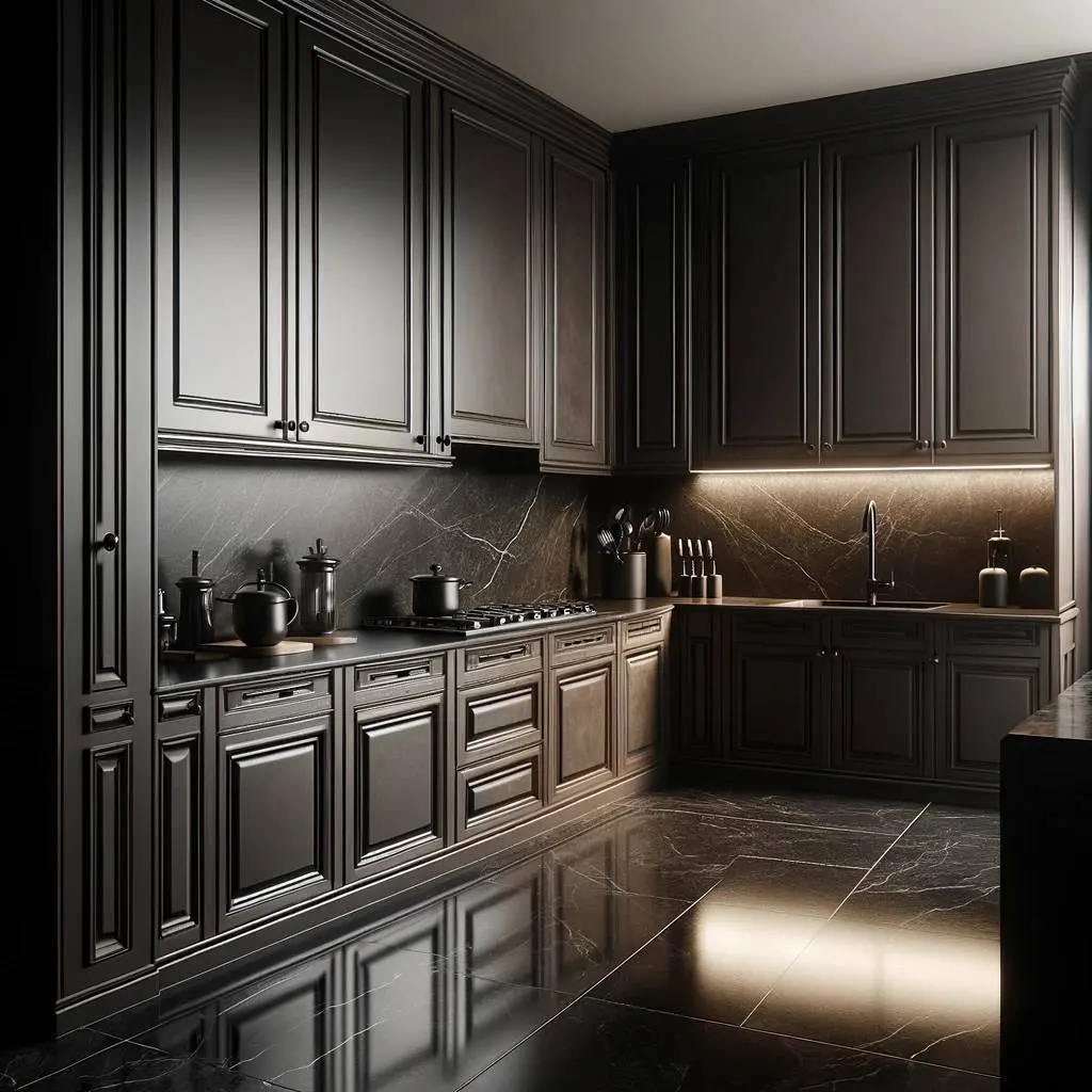 An elegant kitchen design highlighting rich espresso-colored cupboards with a matte finish, paired with lustrous black granite countertops. The cupboards feature simple yet sophisticated hardware, contributing to the sleek look of the kitchen. The design is modern and minimalistic, with a focus on the deep espresso as the dominant hue, complemented by the sheen of the black countertops for a luxurious feel.