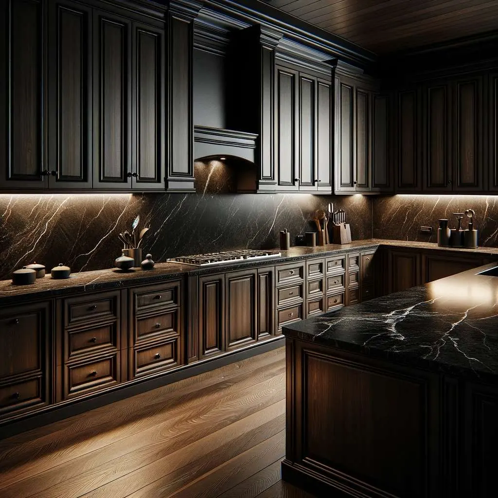 An elegant kitchen featuring espresso cabinets that have a deep, coffee-brown luster paired with polished black granite countertops for a sleek and sophisticated look. The overall design is one of contrast and luxury, with the rich darkness of the cabinets and countertops creating an atmosphere of refined taste. Strategic lighting highlights the smooth surfaces and fine lines of the cabinetry, enhancing the kitchen's upscale and modern feel.