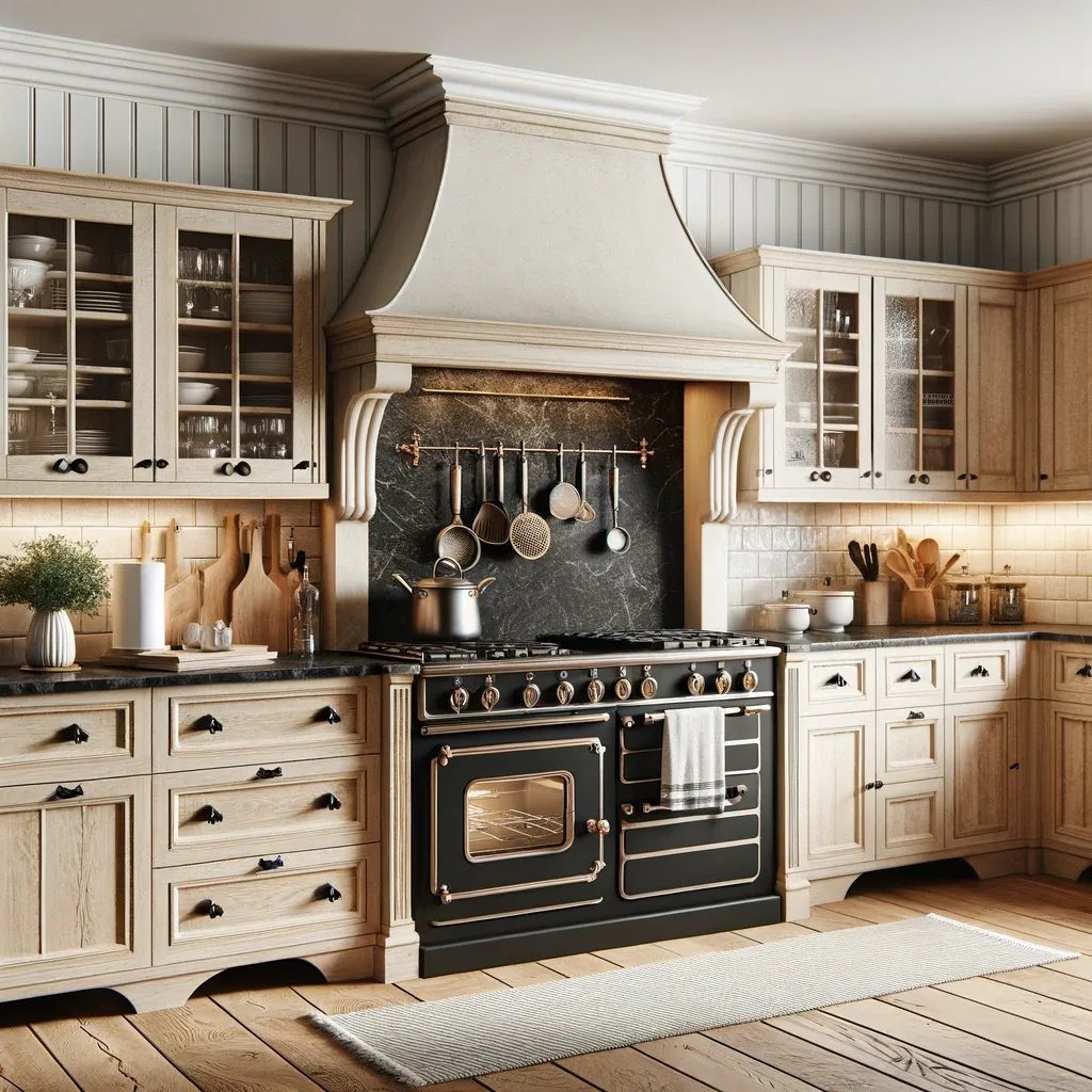 An exclusive and stylish farmhouse kitchen that stands out with its unique features. The space is adorned with light oak cupboards that offer a warm, organic feel, while the countertops and backsplash are crafted from the same striking black granite, creating a seamless look. This design choice not only adds durability and easy maintenance but also provides a stunning visual impact.