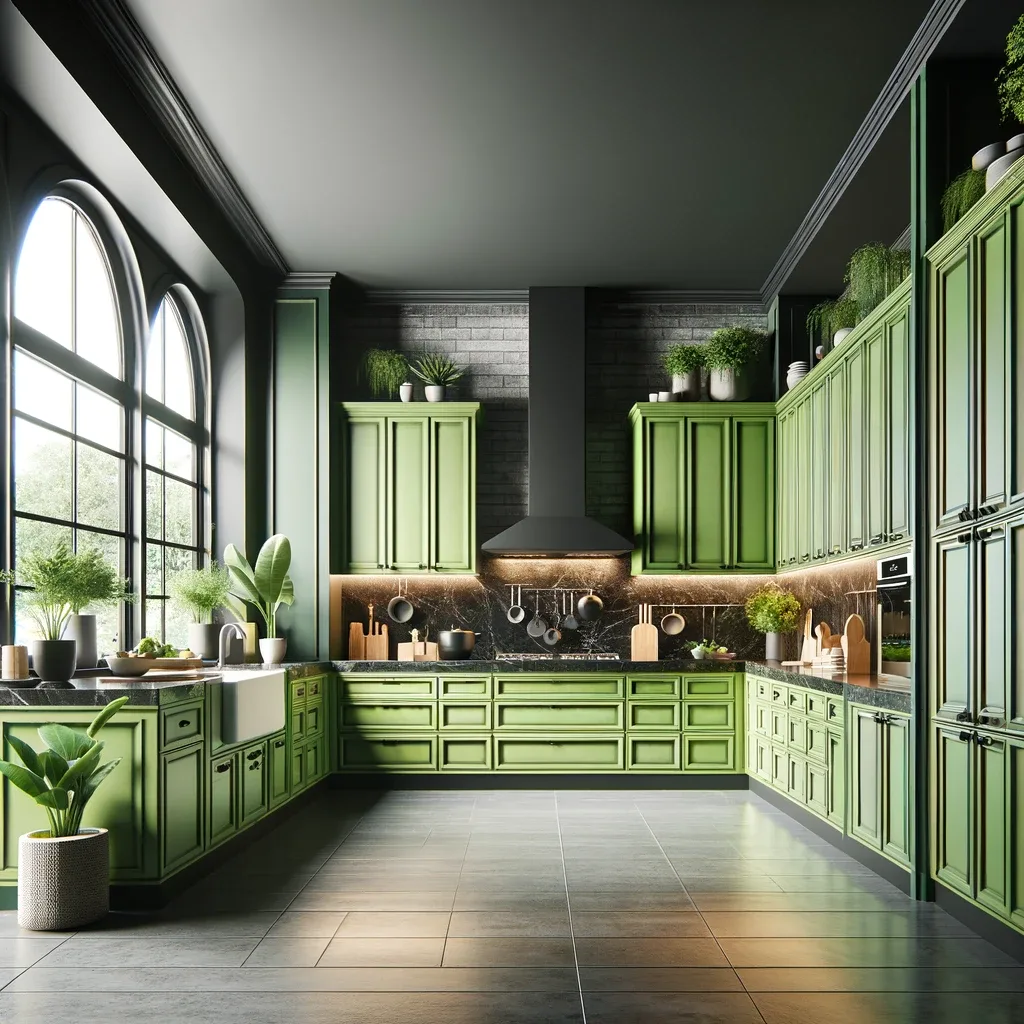An expansive and stylish kitchen space, featuring cabinets with a rich lime green finish that exudes elegance and modernity. The black granite countertops offer a luxurious and striking contrast to the green cabinets.